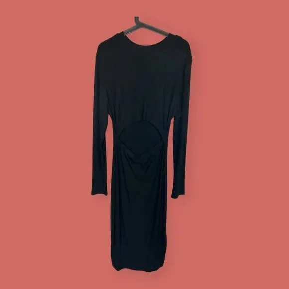 🖤 NWOT CUTOUT BLACK MIDI DRESS LONG SLEEVES FLATTERING XL - Picture 2 of 6
